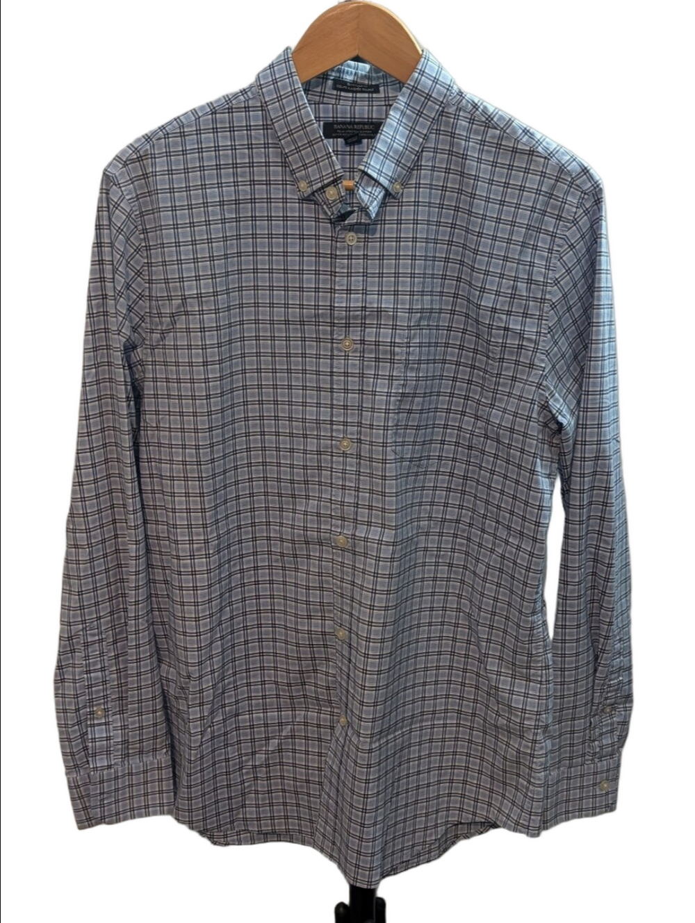 Banana Republic Men's L Slim Flex Fit Blue Plaid Tech Stretch Button Down